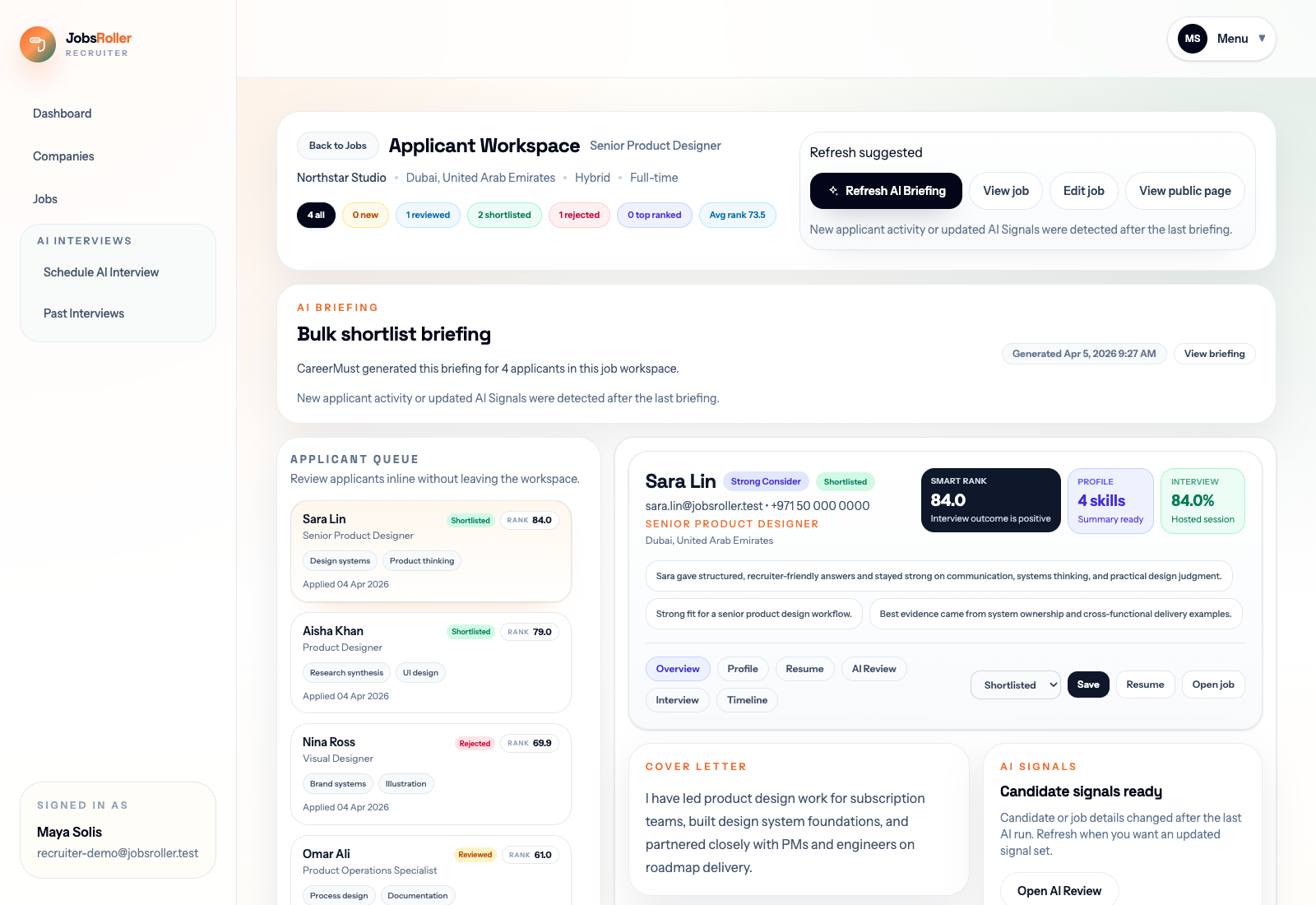 JobsRoller applicant workspace showing AI signals, candidate summary, and recruiter actions.