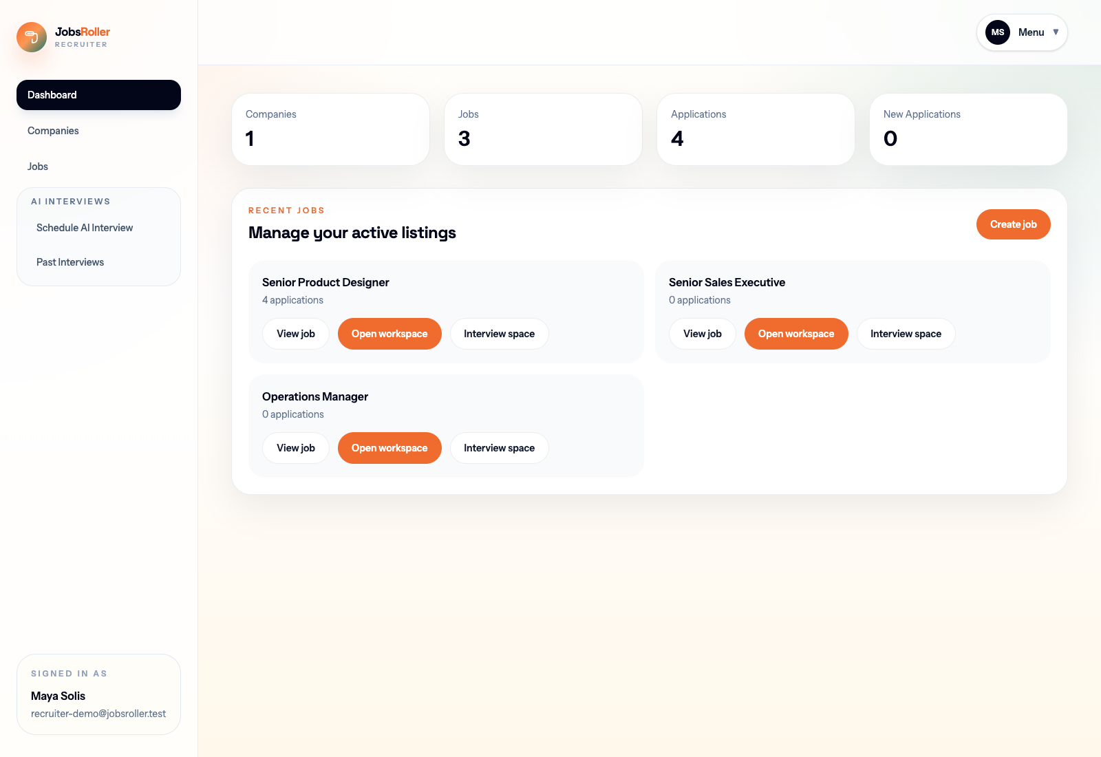 JobsRoller recruiter dashboard with jobs and hiring activity.
