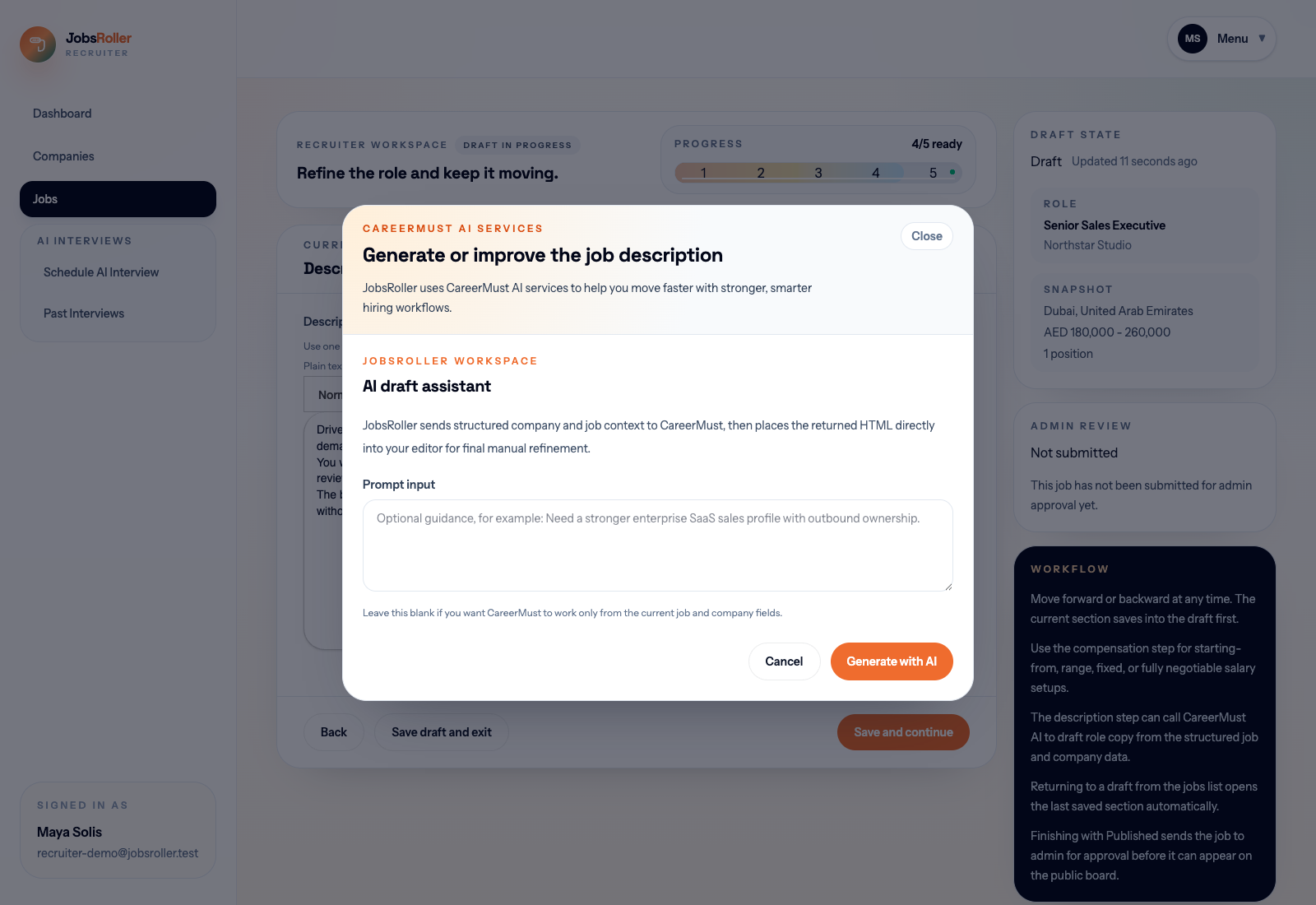 JobsRoller job editor with the AI Help panel open for recruiter job description work.