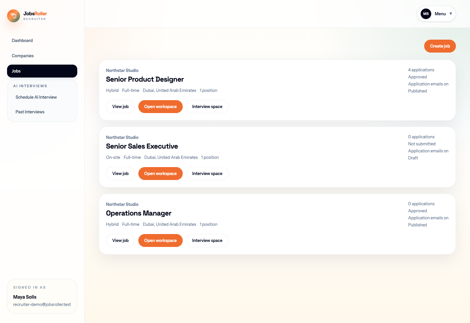 JobsRoller recruiter jobs list with multiple openings and package states.