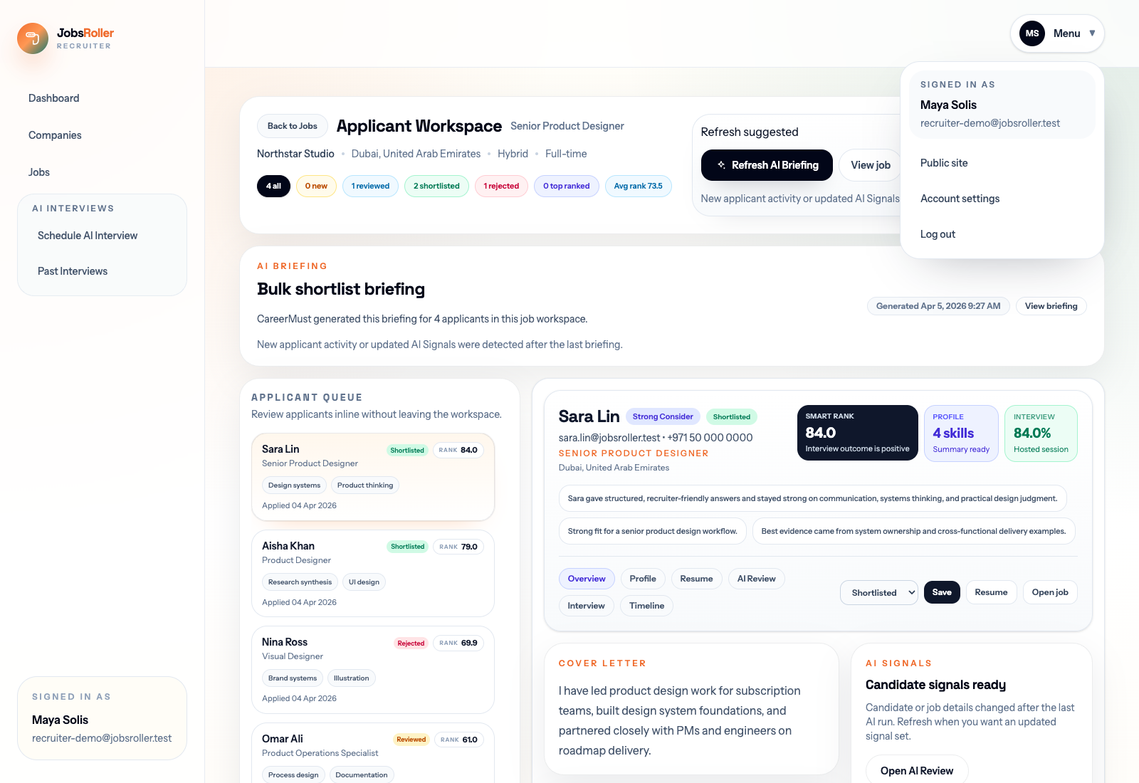 JobsRoller applicant workspace with an AI shortlist briefing expanded for one job.